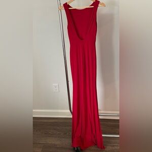 Red, low back formal gown with small train